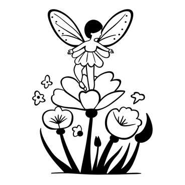 A whimsical flower fairy with intricate, delicate wings stands gracefully on a large carnation bloom. The fairy is adorned with a dress made of petals, blending seamlessly with the vibrant bloom beneath her. The wings are elegantly shaped, mimicking the floral patterns of nearby blossoms. Surrounding her are smaller flowers, creating a lush, enchanting atmosphere. The overall scene captures the magic of nature, with a sense of movement implied in the wings and petals as if stirred by a gentle breeze.