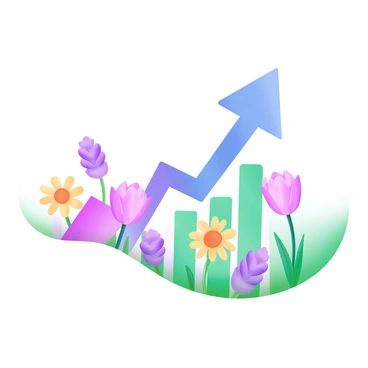 A modern pastel illustration featuring an upward rising arrow graph prominently displayed in the center. The arrow is composed of soft colors such as light blue and gentle pink, clearly indicating growth. Surrounding the graph are various blooming flowers in pastel hues, including pink tulips, yellow daisies, and lavender blossoms. The flowers are arranged naturally at the base of the graph, creating a harmonious scene that symbolizes progress and vitality. The background is a subtle gradient, enhancing the overall aesthetic of the illustration.