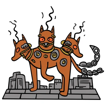 A three-headed dog representing Cerberus with a steampunk aesthetic. Each head has light brown fur with mechanical features, including copper gears and brass accents integrated into the design. The eyes of each head glow with a bright orange light, and steam emits from the ears. The dog has a robust metallic collar adorned with intricate clockwork components. Its muscular body is covered in patches of fur and metal plating, showcasing various cogs and mechanisms. The tail is long and segmented, resembling a whip made of gears. The creature stands on a cobblestone path surrounded by an industrial landscape.
