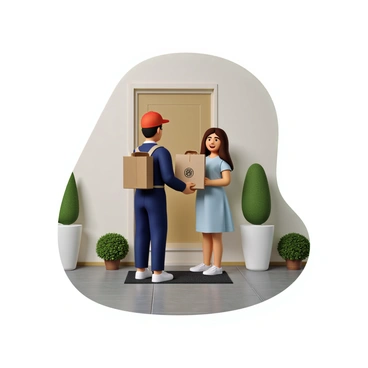 A delivery person wearing a red cap and a blue uniform stands at a doorstep. They are holding a brown paper takeout bag with a logo on it. The customer, a woman with long brown hair and wearing a light blue dress, is smiling widely as she receives the bag. The doorway has decorative plants on either side, and a welcome mat is visible on the ground. The scene conveys a moment of satisfaction and service at home.