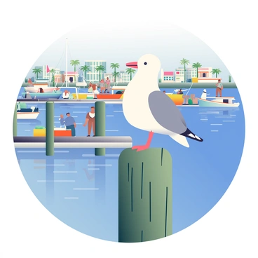 A seagull with white feathers and gray wings is standing on a wooden dock post. The post is weathered and shows signs of age, with bits of peeling paint. In the background, there is a bustling harbor filled with various boats, including sailboats and fishing vessels. People can be seen walking along the dock, engaging in conversation and carrying supplies. The water is a deep blue, with gentle ripples reflecting the sunlight. In the distance, there are buildings and palm trees lining the waterfront, adding to the lively atmosphere of the scene.