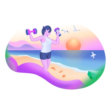 A person is standing on a beach, performing lateral raises with dumbbells. They are wearing a light tank top and shorts, with their hair tied back. The sky is filled with warm colors of orange, pink, and purple as the sun sets on the horizon. The waves gently lap at the shore, and there are a few seagulls flying in the distance. The sandy beach is lightly dotted with footprints, leading towards the water.