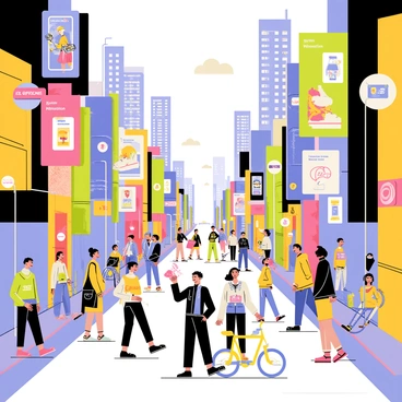 A bustling street scene filled with a diverse crowd of pedestrians. Retro-futuristic advertisements in various shapes and sizes line the streets, displaying vibrant colors and eye-catching graphics. Colorful holograms hover above the sidewalks, showcasing products and events in a lively manner. Tall buildings with sleek designs surround the street, reflecting the neon lights of the advertisements. A mix of bicycles and futuristic vehicles move along the road, adding to the dynamic atmosphere of the scene.