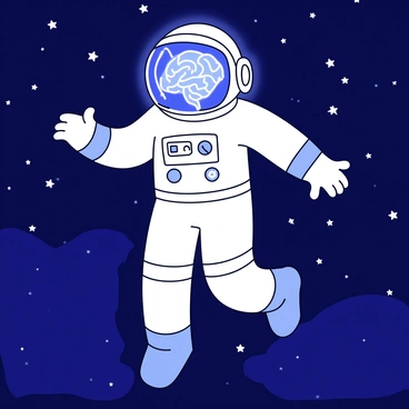 An astronaut in a space suit is floating in the vastness of space. The astronaut's helmet features a holographic display showcasing a detailed representation of the limbic system. The background is filled with countless stars, creating a sense of depth and infinity. The astronaut's arms are outstretched, and the suit has various buttons and panels visible. The hologram glows brightly, illuminating the astronaut's face and reflecting the intricate structure of the limbic system.