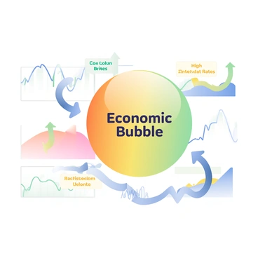 An illustration depicting the concept of economic bubbles influenced by interest rates is presented. In the center, a large bubble labeled "Economic Bubble" is shown, inflated with vibrant colors to emphasize its size. Surrounding the bubble, there are smaller arrows pointing in various directions, indicating the rise and fall of the bubble. On one side, an arrow labeled "Low Interest Rates" points upwards, showing the bubble inflating. On the other side, an arrow labeled "High Interest Rates" points downwards, illustrating the bubble deflating. In the background, a series of line graphs depict fluctuating interest rates and corresponding changes in the bubble’s size. Each graph is illustrated with contrasting colors to highlight the rising and falling trends.