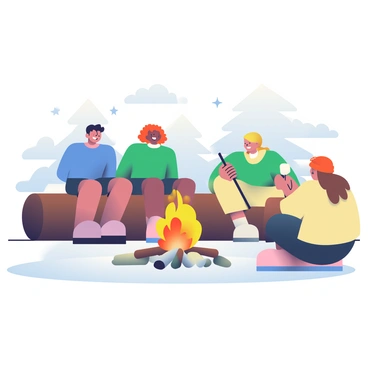 A group of four friends is sitting around a campfire at night. Two friends are sitting on a large log, one of them has short black hair and is wearing a blue shirt, while the other has curly red hair and is dressed in a green sweater. The third friend, with long blonde hair, is seated on the ground, leaning forward with a smile, wearing a cozy yellow hoodie. The fourth friend, with medium brown hair tied back and wearing an orange beanie, is holding a stick with a marshmallow over the flames. The campfire emits a warm glow, illuminating their faces and creating a cozy atmosphere. In the background, there are silhouettes of trees under a starry sky.