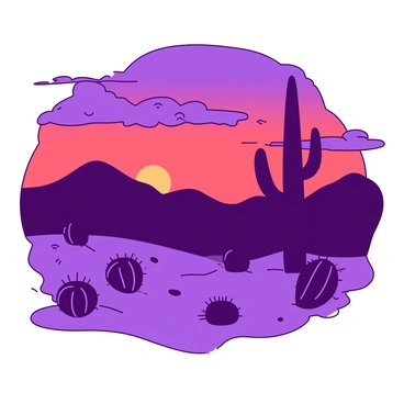 A desert landscape features various cacti scattered across the sandy terrain, their silhouettes prominent against the backdrop of a vibrant sunset sky. The sky transitions from a deep red at the horizon to a lighter purple higher up. The sun is setting, casting long shadows from the cacti and creating a dramatic contrast between the dark shapes and the colorful sky. Fluffy clouds are present, gently illuminated by the fading sunlight, enhancing the scene's depth.