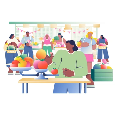 A bustling market scene is filled with various stalls and colorful produce. In the foreground, a vendor with medium skin and short black hair is using a balance scale to weigh fresh fruits and vegetables. The scale is positioned on a wooden table, with a variety of apples and oranges on one side, while the other side is empty, waiting for the produce to be added. Surrounding the vendor, shoppers of diverse backgrounds are browsing through the stalls, some holding baskets filled with goods. Bright banners hang above the stalls, and there are crates overflowing with colorful vegetables nearby.