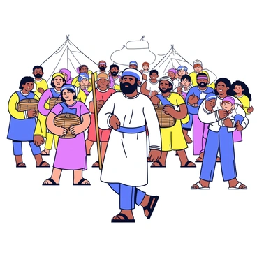 Moses organizing a large group of people readying their belongings for the Exodus