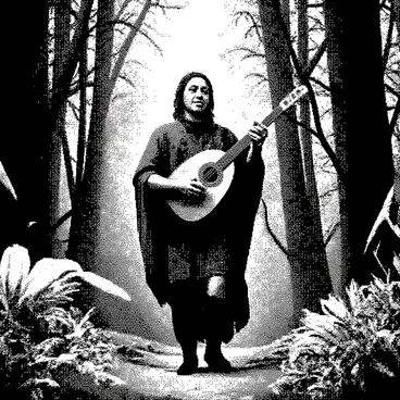 A bard is walking through an enchanted forest, surrounded by tall, ancient trees with intricate bark patterns. He is dressed in an elaborate outfit with flowing fabric and adorned with various musical instruments. He is holding a lute, strumming it gently as musical notes seem to float around him. The forest is filled with fantastical flora, featuring large, exotic flowers and shimmering leaves. Sunlight filters through the canopy, creating a dappled light effect on the forest floor. The bard has a serene expression, immersed in his magical melodies.