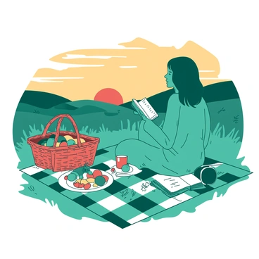 A teal ambivert is sitting on a checkered blanket during sunset, surrounded by a variety of picnic foods laid out on the blanket. The sky is painted with shades of orange as the sun sets behind distant rolling hills. A wicker basket is partially open, revealing fruits and snacks. The ambivert is holding a book in one hand and a glass of lemonade in the other, gazing at the scenic view. Nearby, a small Bluetooth speaker plays soft music, while a gentle breeze rustles the grass around them.