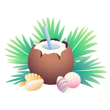 A freshly cracked coconut with a straw is placed in the center of the image. The coconut's rough, brown shell reveals its white, creamy interior. Surrounding the coconut are vibrant green palm leaves that fan outwards, creating a lush backdrop. Scattered around the base of the coconut are various seashells in shades of beige and white, adding a beachy feel to the scene. The entire composition evokes a tropical atmosphere.