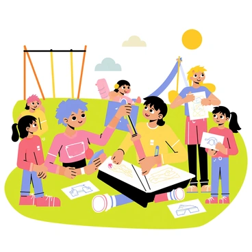 A young girl with bright blue hair is sitting on the grass in a colorful playground. She is holding a sketchbook and drawing with a vibrant set of markers. Surrounding her are several children of different ages, watching her intently with expressions of awe. Some children are peeking over her shoulder to see her artwork, while others are inspired and attempting to create their own drawings on pieces of paper. There are swings and a slide in the background, and the sun is shining brightly, casting cheerful shadows on the ground.