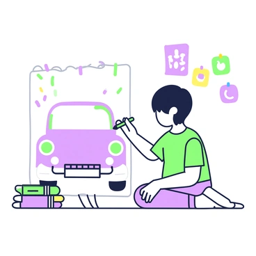 A child is sitting on the floor, focused on drawing a Beetle car on a large piece of white paper. The child has short hair and is wearing a colorful t-shirt, with crayons scattered around. The drawing of the Beetle car is partially completed, showcasing rounded shapes and the iconic curves of the vehicle. The child is holding a green crayon, pressing it down on the paper, while several other crayons in various orientations lay nearby. A stack of crayons is arranged next to the child, and the background contains a few colorful drawings pinned to a wall.