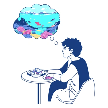 A person is sitting at a small table with a simple white plate in front of them that holds a few small pieces of seafood. The person has a contemplative expression, their eyes gazing off into the distance as they seem lost in thought. Above the table, a thought bubble illustrates a vibrant scene of a past abundant sea, filled with colorful fish, coral reefs, and waves lapping against the shore. The colors of the sea in the thought bubble contrast sharply with the muted tones of the person's current meal. The overall atmosphere highlights a longing for the richness of the past while surrounded by the simplicity of the present.