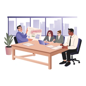 A digital flat illustration depicting a business meeting in a busy office setting. In the center, a large wooden table is covered with papers and a contract that has the bold stamped word "Approved" in red ink. Three people are gathered around the table: a man with light skin and short black hair, wearing a blue suit, is holding the contract; a woman with medium skin and long brown hair, dressed in a gray blazer, is leaning forward with a pen in hand, ready to sign; and another man with dark skin and glasses, wearing a white shirt and a black tie, is sitting to the right, looking at a laptop. Behind them, large windows reveal a view of tall buildings, and there's a potted plant in the corner of the office to add detail to the setting.