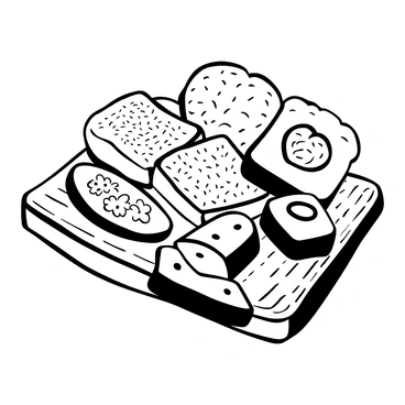 An array of different bread slices, some topped with butter and various jams, displayed on a wooden board.