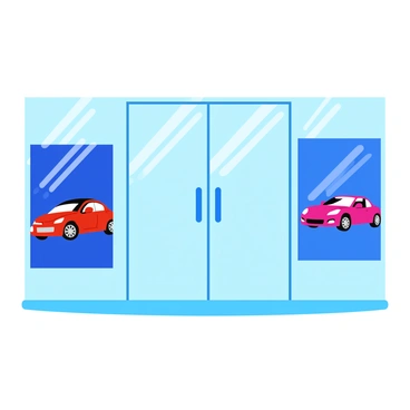 The entrance to a car showroom features large, clear glass doors that reflect the surrounding environment. Flanking the doors are vibrant promotional posters showcasing new car models, each displaying eye-catching designs and bold colors. The floor is polished and shiny, enhancing the modern aesthetic. The overall scene is bright, inviting potential customers to come inside and explore the latest vehicles.