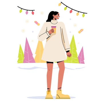 A figure wearing a cozy knitted A-line dress in soft pastel colors stands amidst a winter festival. The dress features long sleeves and a slightly flared hem, accentuating the warmth of the outfit. Surrounding the figure are colorful lights strung above, illuminating the scene with a cheerful glow. Snowflakes gently fall, covering the ground in a layer of white, and festive decorations are visible in the background, adding to the lively atmosphere of the festival. The figure holds a cup of hot cocoa, smiling as they take in the joyful surroundings.