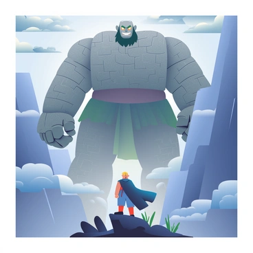 A small figure with a determined expression is standing on a rocky outcrop, facing a towering Goliath that looms in the background. The Goliath is a massive humanoid creature with rugged stone-like skin and fierce, glowing eyes. The landscape is dramatic, featuring steep cliffs and dark, swirling clouds overhead. The small figure is dressed in a weathered cloak that billows in the wind, and their stance shows bravery despite the overwhelming size of their opponent. In the foreground, sharp rocks and sparse vegetation add texture to the scene, while a faint light breaks through the clouds, illuminating the confrontation.