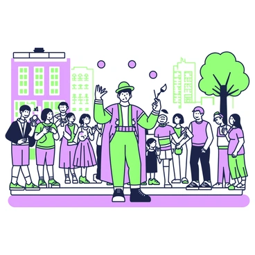 A lively street performer is captivating a crowd in a vibrant urban setting. The performer is dressed in a bright costume, featuring a mix of colors and patterns that catch the eye. He is juggling several colorful items, including balls and torches, while maintaining a playful expression. Surrounding him is a diverse audience, consisting of adults and children, all watching intently and smiling. Some spectators are clapping, while others are holding snacks or taking photos. In the background, there are tall buildings and a few trees, creating a lively atmosphere on the street. The scene is set on a large 10x15 illustration board, allowing for ample detail in the composition.