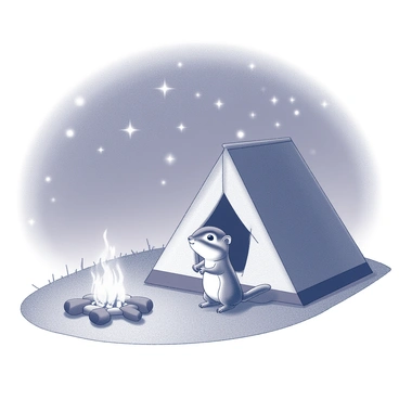 A small chipmunk is sitting beside a tiny tent, which is pitched on a patch of grass. The tent is made of simple fabric, with a rounded top and a small entrance. Nearby, there is a small campfire, with glowing embers and a few twigs lying around. The chipmunk has its paws resting on the ground, and it looks up at the night sky filled with stars. The stars shine brightly against the dark backdrop, creating a peaceful atmosphere. The scene captures the essence of a cozy camping experience in the wilderness.