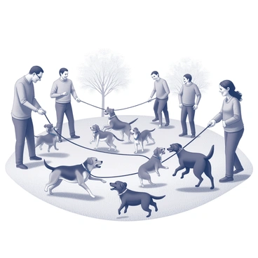 A dog park filled with dogs of various breeds interacting and playing. There are a Labrador retriever and a beagle chasing each other around. A German shepherd is playfully tugging on a rope held by a golden retriever. Several smaller dogs, including a dachshund and a French bulldog, are engaged in a playful scuffle. In the background, owners of different ages are standing and watching the dogs. Some of the owners are smiling and laughing, creating a joyful atmosphere. The grass is well-kept, and there are trees lining the perimeter of the park.