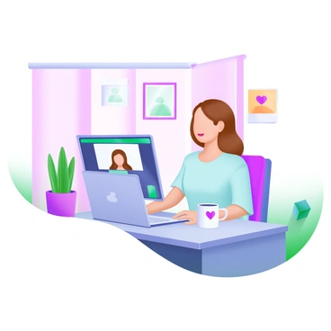 A modern pastel illustration depicting a woman engaged in a virtual call with a client. She is sitting at a stylish home office desk, which is neatly organized with a laptop open in front of her, displaying a video call interface. The woman has shoulder-length brown hair and is wearing a light blue blouse. A potted plant sits beside her computer, and there is a coffee mug with a heart design on the desk. Behind her is a soft-colored wall adorned with framed artwork. The atmosphere suggests a productive and professional setting.