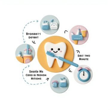 A colorful poster featuring an illustrated character demonstrating proper brushing techniques for teeth. The character, a cheerful cartoon tooth with a smiling face, is holding a bright blue toothbrush. It shows the correct brushing motion with arrows indicating circular movements, up and down strokes, and side-to-side movements. Around the character are vibrant illustrations of a bathroom setting, including a sink, toothpaste tubes in various colors, and a timer showing two minutes. The poster includes text bubbles highlighting key points like "Brush for two minutes" and "Use gentle circular motions", all in a playful font.