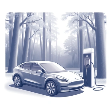 An electric car parked at a charging station. The car has a sleek design with smooth curves and modern features. The charging station is equipped with a cable connected to the car, showcasing the process of charging. Surrounding the car is a dense forest filled with tall trees, some of which have thick trunks and lush, green foliage. Sunlight filters through the leaves, creating dappled light on the ground. The scene conveys a sense of calm and harmony between technology and nature.