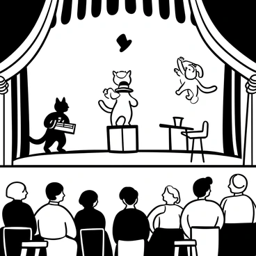 A stage decorated with ornate curtains and vintage lighting, featuring several cats dressed in various theatrical costumes. One cat is standing on a pedestal, performing a balancing act with a top hat, while another cat plays a small piano. A third cat is mid-leap, suspended above the stage, showcasing agility. In the foreground, an audience composed of humans in turn-of-the-century attire, sitting in plush seats, watches intently. The atmosphere reflects excitement and engagement from the spectators.