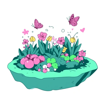 A teal floating island is adorned with a vibrant garden, filled with an array of colorful flowers in various shades of pink and yellow. Lush green vegetable patches are neatly arranged throughout the garden, displaying ripe tomatoes and leafy greens. Butterflies with intricate patterns in shades of pink and yellow flutter gracefully among the flowers, enhancing the lively atmosphere of the garden on the floating island. The sky above is bright and clear, providing a perfect backdrop to this enchanting scene.