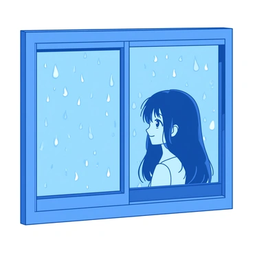 A blue window is covered with numerous raindrops, creating a blurry view of the outside. Behind the window, a soft silhouette of an anime character is visible, gazing out with a peaceful expression. The character has long flowing hair that gently frames the face, and the outline shows delicate features and a hint of a smile. The atmosphere feels warm and inviting, contrasting with the rainy scene outside.