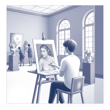 An art student is sitting at a wooden easel, sketching "The Birth of Venus" on a piece of paper. The student has short brown hair and is wearing a simple white shirt. They are focused intently on their work, with a pencil in hand, capturing the details of the painting. The museum hall is spacious, featuring high ceilings and large, arched windows that allow natural light to illuminate the room. Surrounding the student are several classic sculptures displayed on pedestals, adding to the ambiance of the art-filled environment. A few museum visitors can be seen in the background, quietly observing the artwork. The floor is made of polished stone, reflecting the subdued elegance of the museum setting.