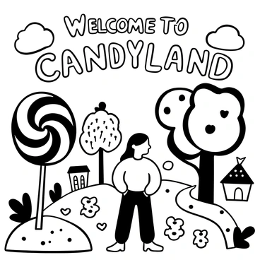 A girl with long, dark hair wearing a loose, oversized outfit stands in a whimsical landscape made entirely of candy and sweets. Giant lollipops and colorful gummy bears form the trees, while the ground is made of chocolate and icing. A river of sparkling soda flows through the scene, and clouds made of cotton candy float above. There are candy houses with gumdrop rooftops in the background, and the air is filled with the scent of sugar. The words "Welcome to Candyland" are displayed prominently in the sky.