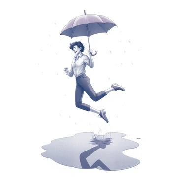 A stylish person jumping over a puddle on a rainy day, holding a colorful umbrella