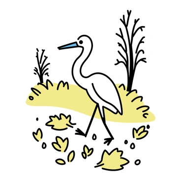 An egret walking through a landscape covered in golden autumn leaves