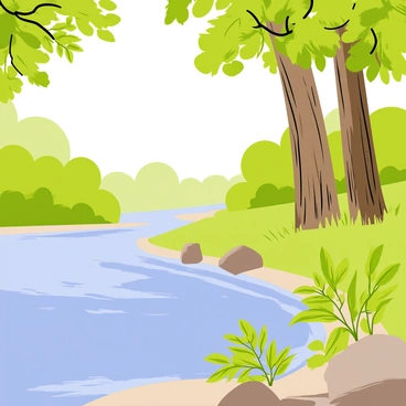 A serene riverbank scene with a gently flowing river. The water reflects the clear blue sky above. Along the water's edge, vibrant green poison ivy plants are growing, their leaves glossy and detailed. There are smooth stones scattered along the shoreline, partially submerged in the water. In the background, there are tall trees providing shade, their trunks sturdy and textured. Sunlight filters through the leaves, creating a dappled pattern on the ground.