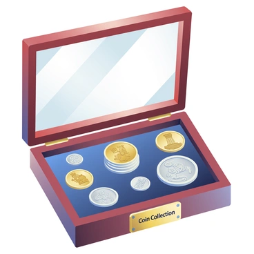 An assortment of old coins is neatly arranged in a wooden collector's case. The coins vary in size and design, featuring intricate engravings and patinas that reflect their age. The case is made of polished dark wood, with a glass top that allows a clear view of the coins inside. The bottom of the case is lined with deep blue velvet, providing a rich contrast to the metallic tones of the coins. Some coins are stacked, while others are placed flat, showcasing their unique shapes and details. A small brass plaque is attached to the front of the case, engraved with the words "Coin Collection."