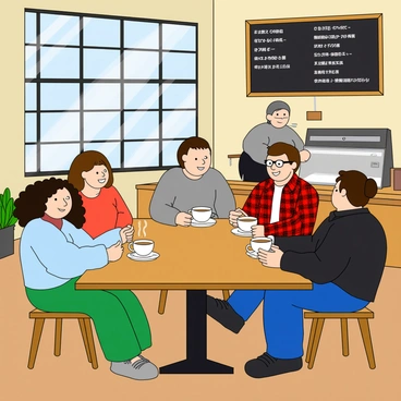 A busy cafe filled with various customers. A group of five people, two women and three men, are sitting around a wooden table, each holding a cup of steaming coffee. One woman has long curly hair and wears a light blue sweater, while the other has short straight hair and a green dress. One man has glasses and is wearing a gray t-shirt, another is in a red plaid shirt, and the last is wearing a black jacket. They are animatedly talking with smiles on their faces. In the background, a barista can be seen behind the counter, preparing drinks, and a large chalkboard menu hangs on the wall, displaying various coffee options. Sunlight streams through the large windows, illuminating the lively scene.