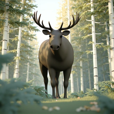 A large moose, with a dark brown coat and impressive antlers, stands tall among green foliage. The forest is dense with tall pine and birch trees, their leaves a vibrant mix of green and yellow. Sunlight filters through the branches, casting dappled shadows on the forest floor, which is covered with ferns and fallen leaves. The moose gazes calmly, its large eyes reflecting the tranquility of the natural surroundings.