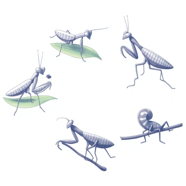 A collection of small sketches illustrating various daily activities of an orchid mantis. One sketch shows the mantis perched elegantly on a green leaf, blending in with its surroundings. Another sketch captures the mantis in a hunting pose, with its front limbs raised, ready to catch a small insect. A third sketch depicts the mantis grooming its antennae meticulously with its legs. Additionally, there is a sketch of the mantis resting in a curled position on a twig, showcasing its intricate body patterns. Each sketch emphasizes the mantis's unique features and behaviors in its natural habitat.
