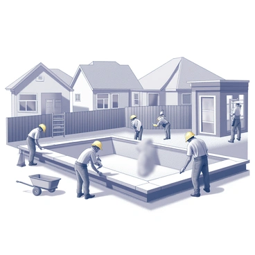 A construction team building a new swimming pool in a suburban backyard