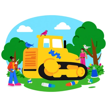 A yellow bulldozer is positioned in a park, surrounded by greenery and colorful flowers. The bulldozer is in the process of being transformed, with vibrant paint splashes in shades of blue, red, and green covering its surface. Sculpting tools are scattered around, alongside tubes of bright paint. The park features a sunlit atmosphere with a clear blue sky above and playful shadows cast by nearby trees. Children are observing the transformation with expressions of wonder, while birds perch on the bulldozer, adding a lively touch to the scene.