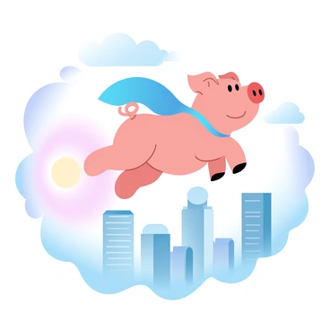 A pig is soaring through the sky above a cityscape. The pig is wearing a vibrant, colorful cape that billows behind it as it flies. Below, tall skyscrapers stretch towards the sky, showcasing a variety of architectural styles. The sun is setting in the background, casting a warm glow over the buildings and creating a gradient of pastel colors across the horizon. Fluffy clouds are scattered throughout the sky, enhancing the sense of flight.