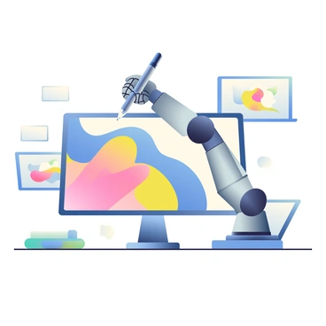 A robotic arm with a sleek metallic design is positioned above a large, interactive screen. The arm is holding a digital pen, poised to create a colorful illustration. The screen displays a vibrant scene with various swirls of blue, pink, and yellow, showcasing abstract patterns and shapes. In the background, there are additional tools and tablets scattered on a modern, minimalist workspace. The lighting is bright, emphasizing the details of both the robotic arm and the digital display.