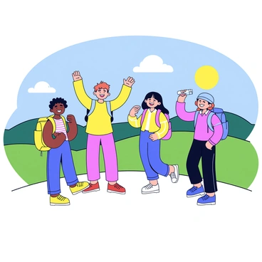 A group of four friends stands at the top of a hill, smiling and cheering. One friend raises their arms in victory, while another holds a water bottle. The third friend takes a selfie, capturing the moment. In the background, a vast panoramic view reveals rolling green hills and a clear blue sky. The sun casts a warm glow over the scene, highlighting the friends' joyful expressions. Each friend is dressed in colorful hiking gear, including backpacks and sturdy shoes.