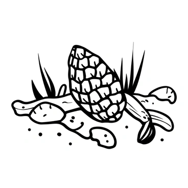 A detailed pine cone resting on a sandy beach, surrounded by various seashells including conch shells and scallops. There are pieces of driftwood scattered nearby, some lying flat against the sand while others are partially buried. The texture of the sand shows small footprints leading toward the water's edge, and a few blades of grass can be seen in the background, adding to the natural environment.