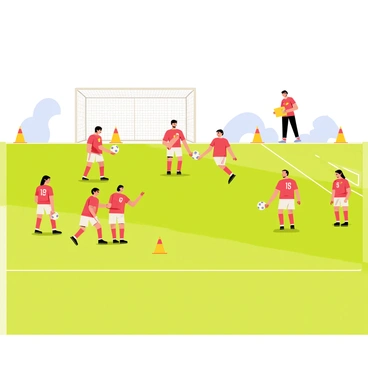 A soccer field with bright green grass under a clear blue sky. A group of six players wearing matching red and white uniforms is spread out across the field, actively engaged in drills. Two players are practicing passing the ball to each other, while others are positioned to receive the ball. In the background, a coach with a clipboard is observing and offering instructions. Cones are set up around the field, marking specific areas for training exercises. A soccer goal can be seen on one end of the field, completing the scene of a team training session.