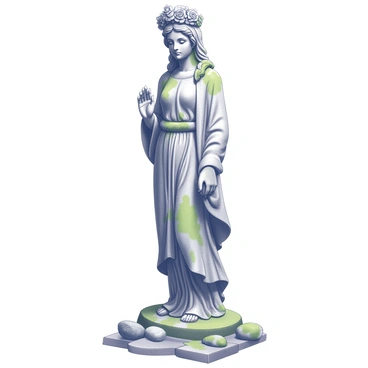An ancient statue of a goddess stands tall, crafted from stone that reveals a sense of timelessness. The statue is adorned with a weathered flower crown, intricately carved details visible amidst the wear and age. Moss grows on various parts of the statue, adding a green hue to its surface and emphasizing its connection to nature. The figure exudes a dignified presence, with serene facial features and a graceful posture, while its base is surrounded by scattered stones and patches of earth.